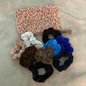Brand new velvet hair scrunchies & makeup bag